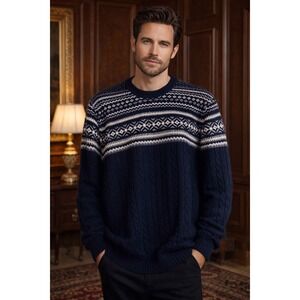 Charles Tyrwhitt Fair Isle Merino Wool Cable Knit Sweater Navy SZ Large Classic